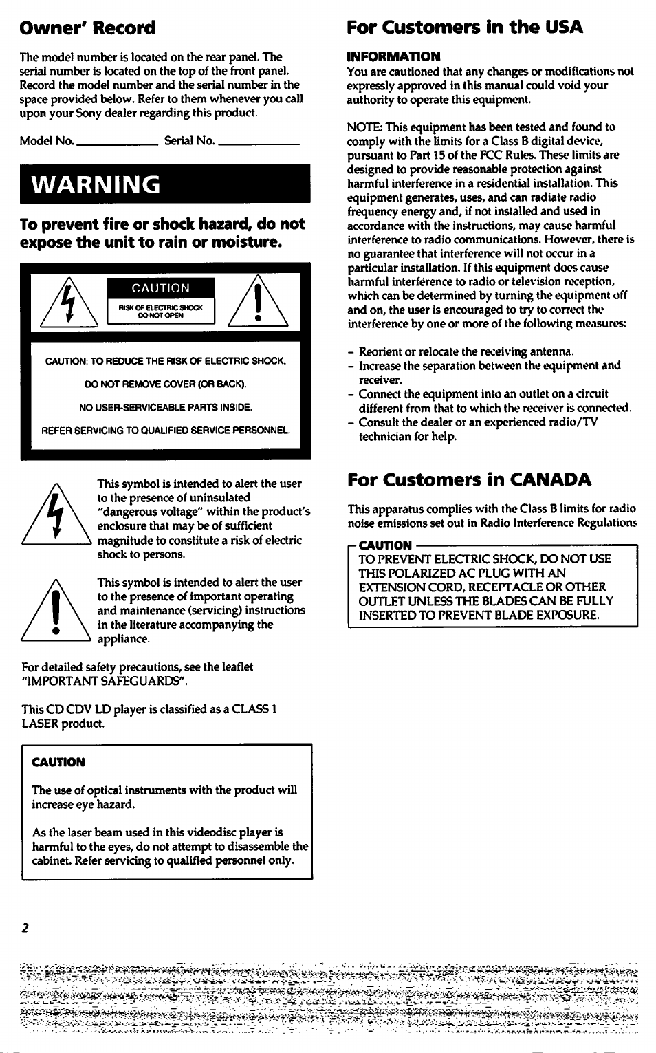 For customers in the usa, Warning, Information | For customers in canada, Owner' record for customers in the usa | Sony MDP-A500 User Manual | Page 2 / 27