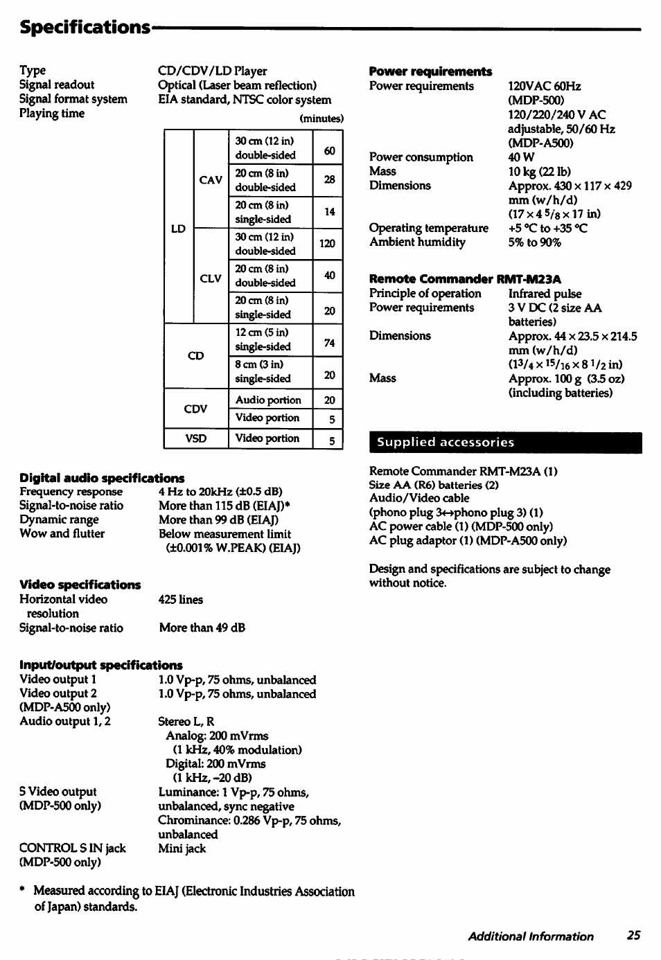 Specifications, Digital audio specifications, Video specifications | Power requirements, Input/output specifications | Sony MDP-A500 User Manual | Page 25 / 27