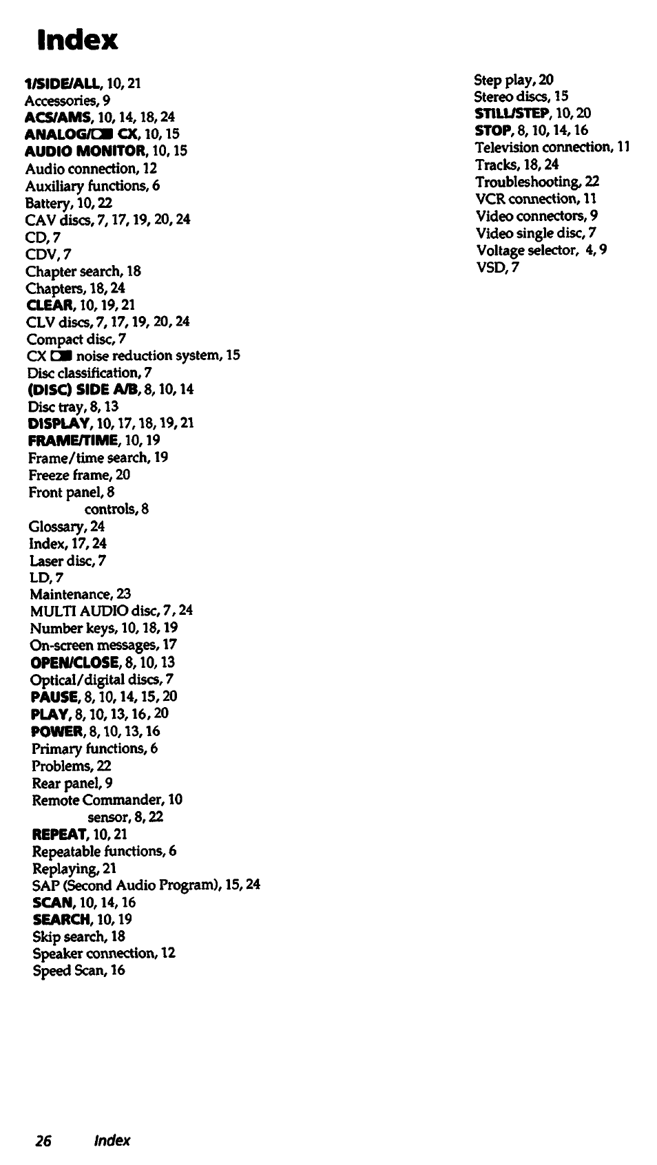 Index, 1/side/all,10,21 | Sony MDP-A500 User Manual | Page 26 / 27