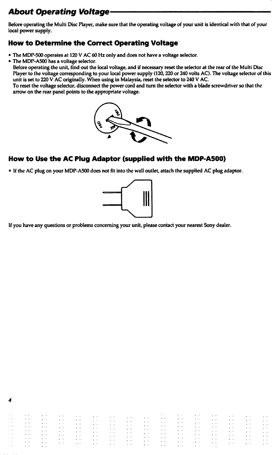 How to determine the correct operating voltage, About operating voltage | Sony MDP-A500 User Manual | Page 4 / 27