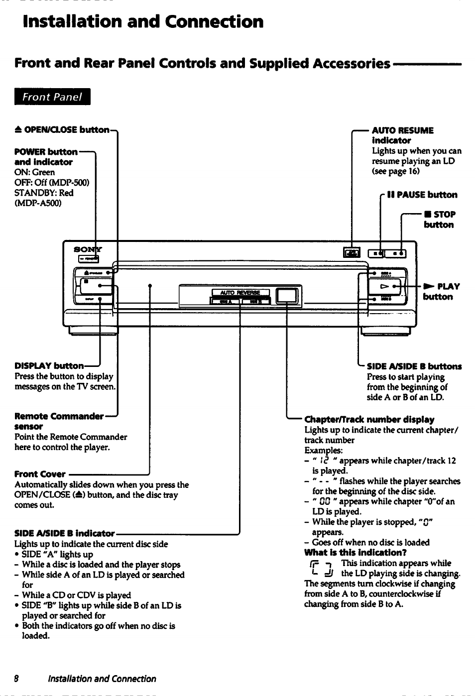 Installation and connection, Front panel, Open/close button | Power button— and indicator, Auto resuime indicator, R ii pause button, Display button, Remote commander— sensor, Front cover, Side a/side b indicator | Sony MDP-A500 User Manual | Page 8 / 27