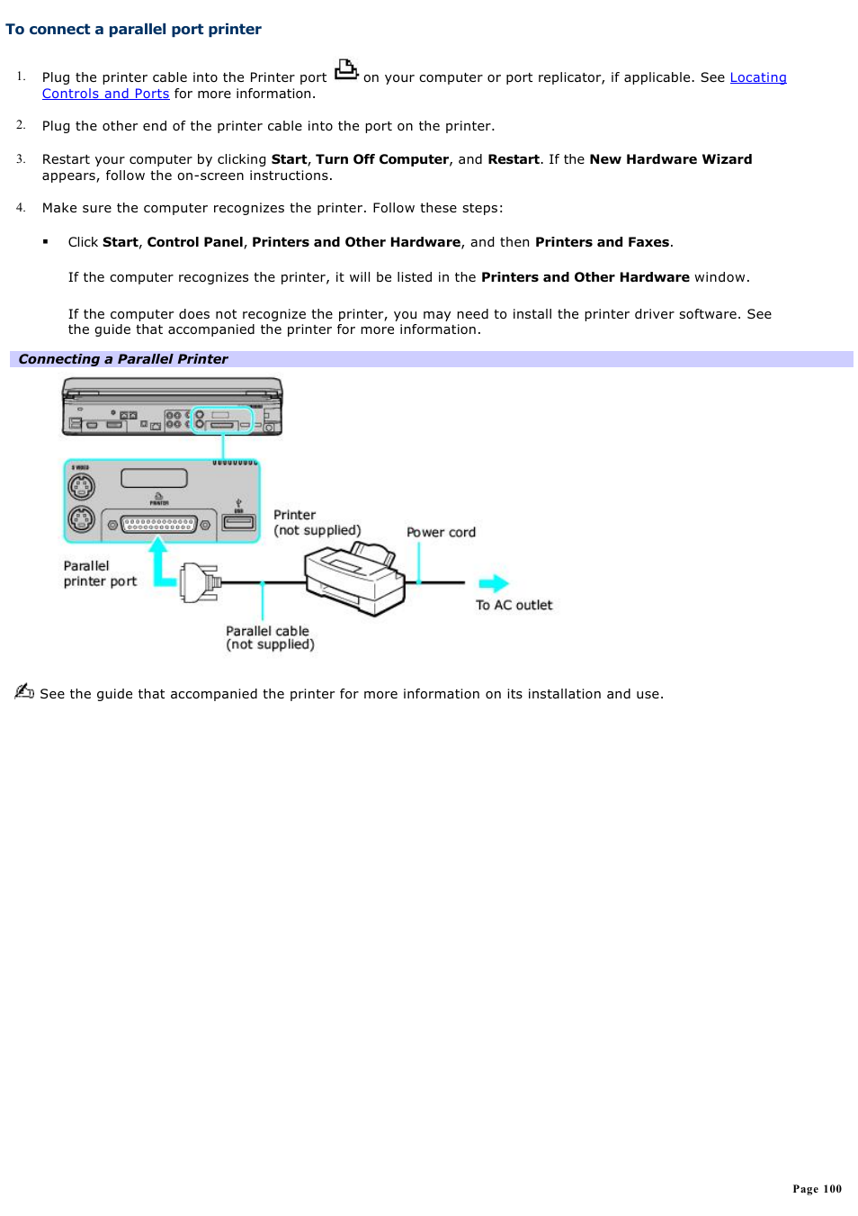 To connect a parallel port printer | Sony VGN-A240 User Manual | Page 100 / 316