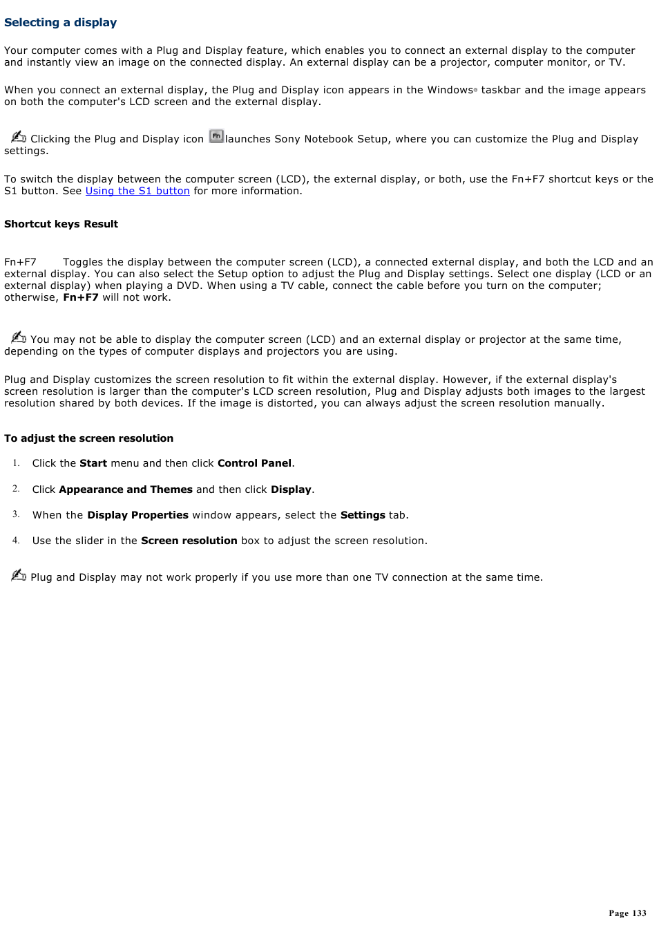 Selecting a display, Selecting a, Display | Sony VGN-A240 User Manual | Page 133 / 316