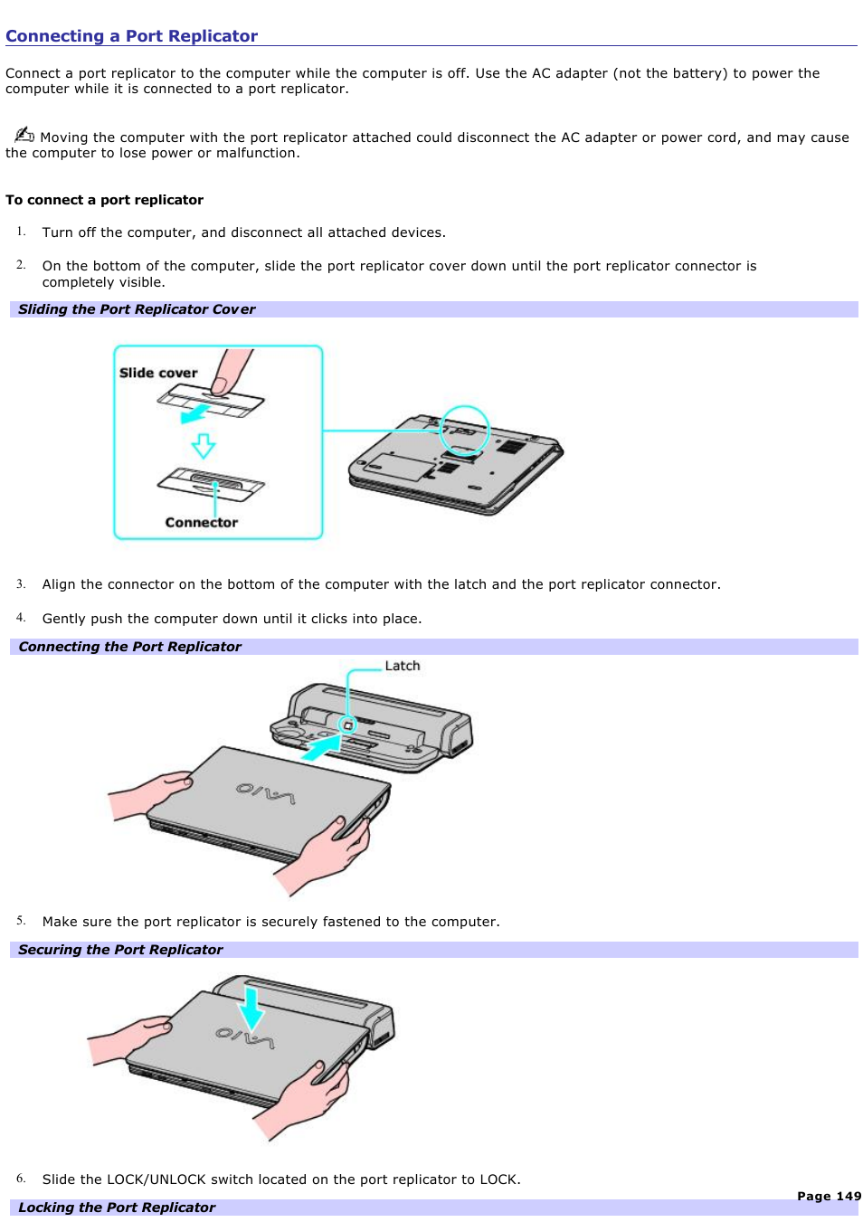 Connecting a port replicator | Sony VGN-A240 User Manual | Page 149 / 316