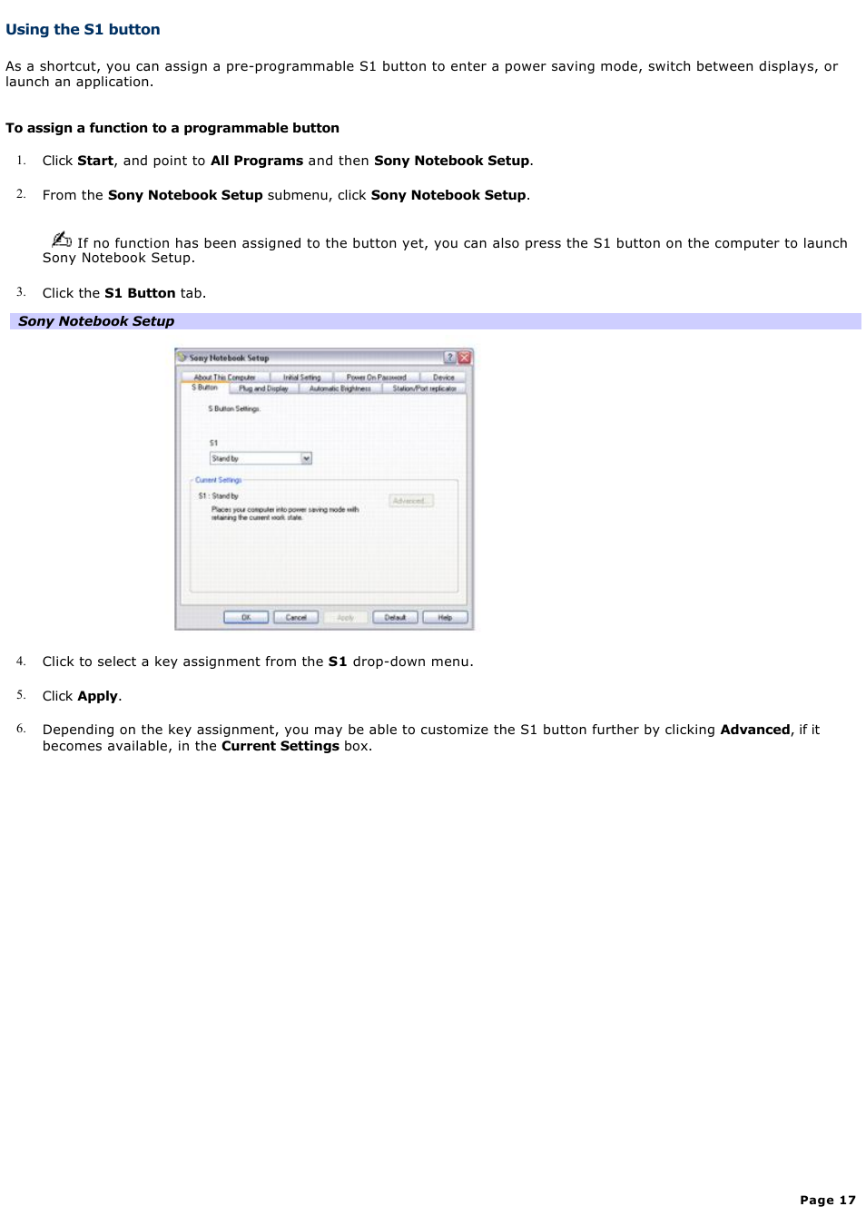 Using the s1 button | Sony VGN-A240 User Manual | Page 17 / 316