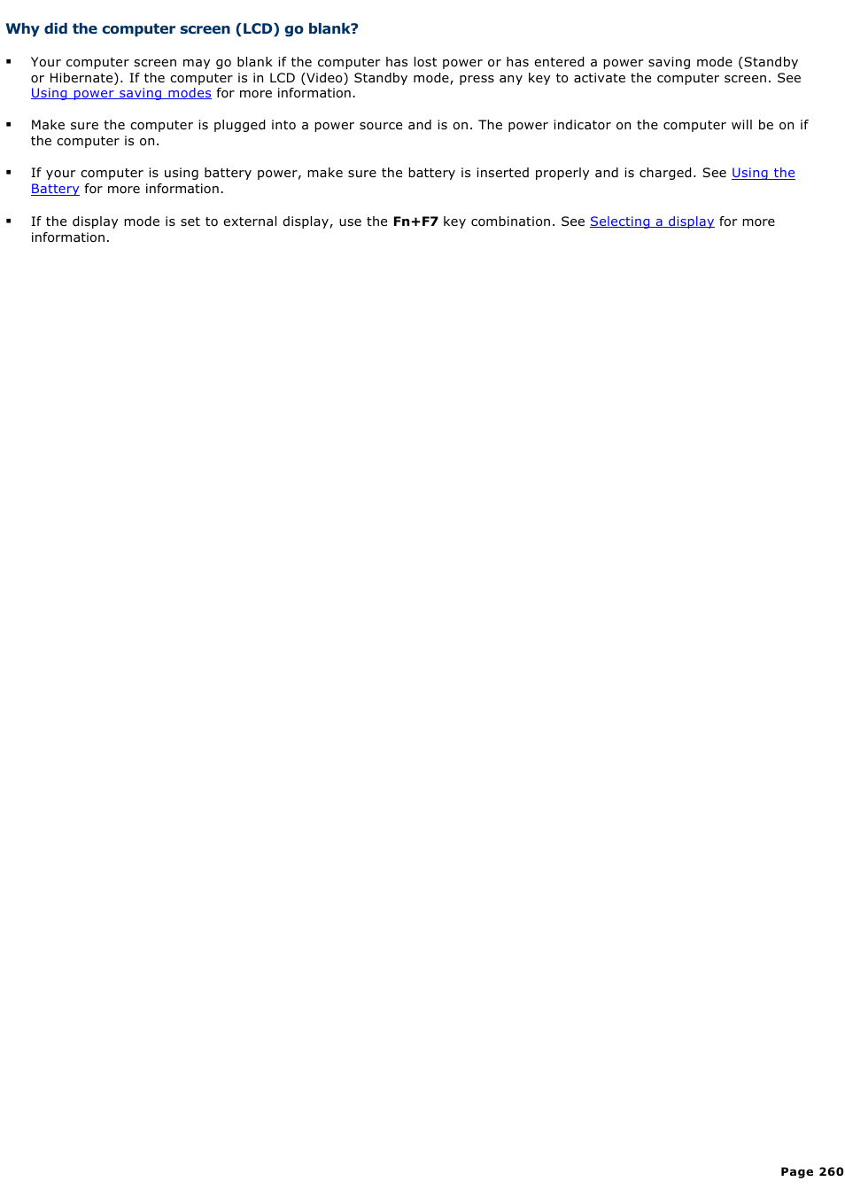 Why did the computer screen (lcd) go blank | Sony VGN-A240 User Manual | Page 260 / 316