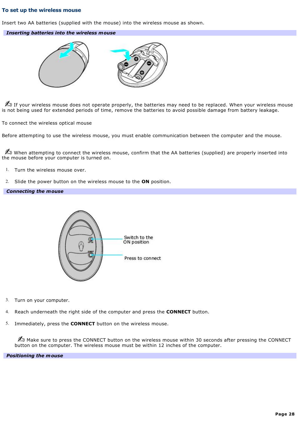 To set up the wireless mouse | Sony VGN-A240 User Manual | Page 28 / 316