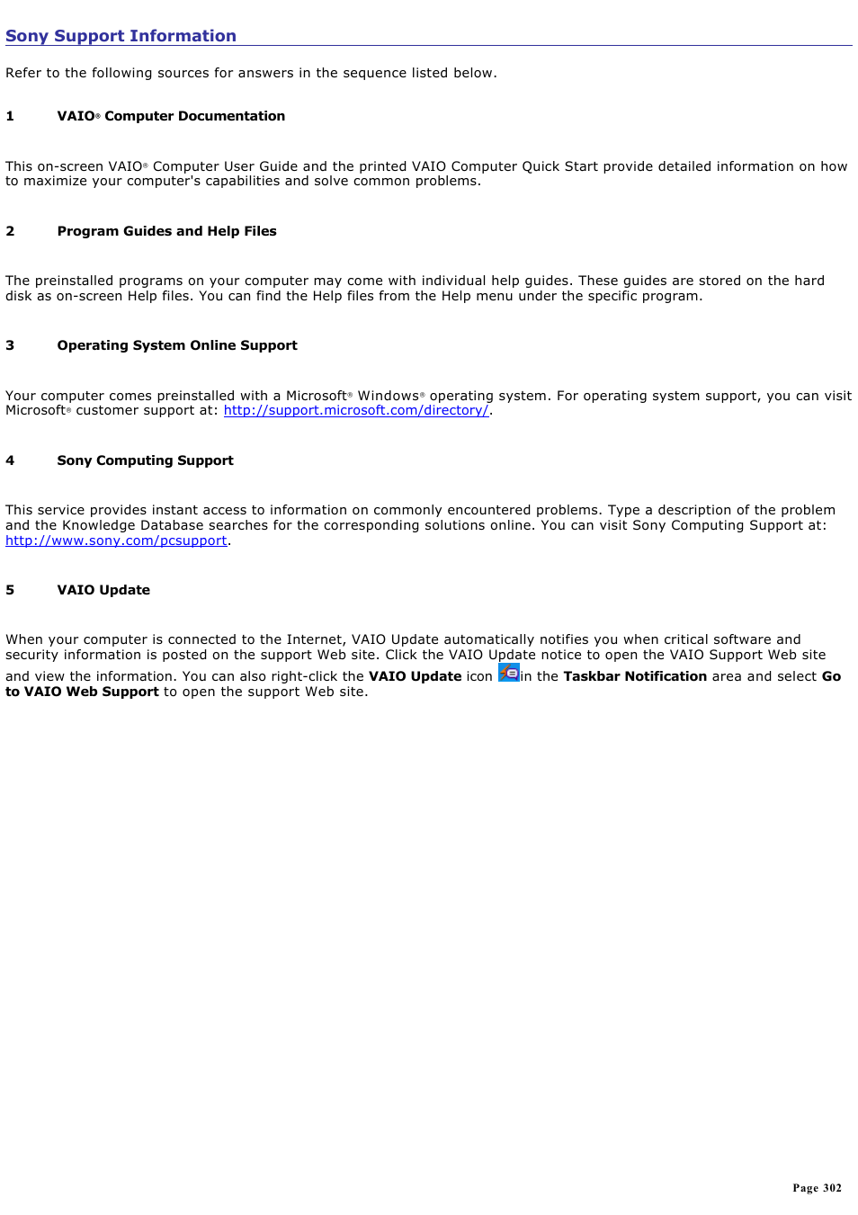 Sony support information | Sony VGN-A240 User Manual | Page 302 / 316
