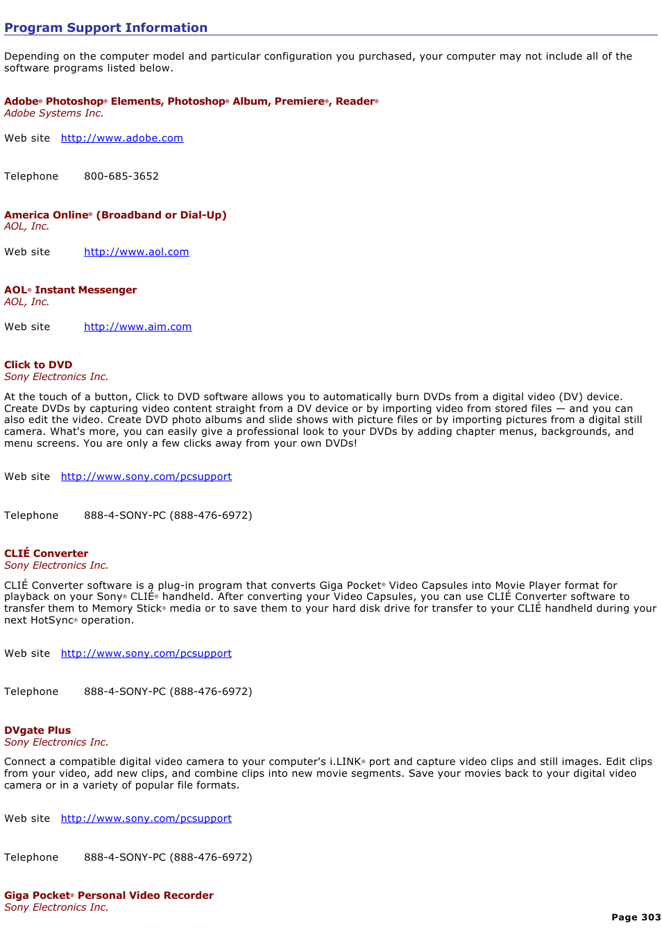 Program support information | Sony VGN-A240 User Manual | Page 303 / 316