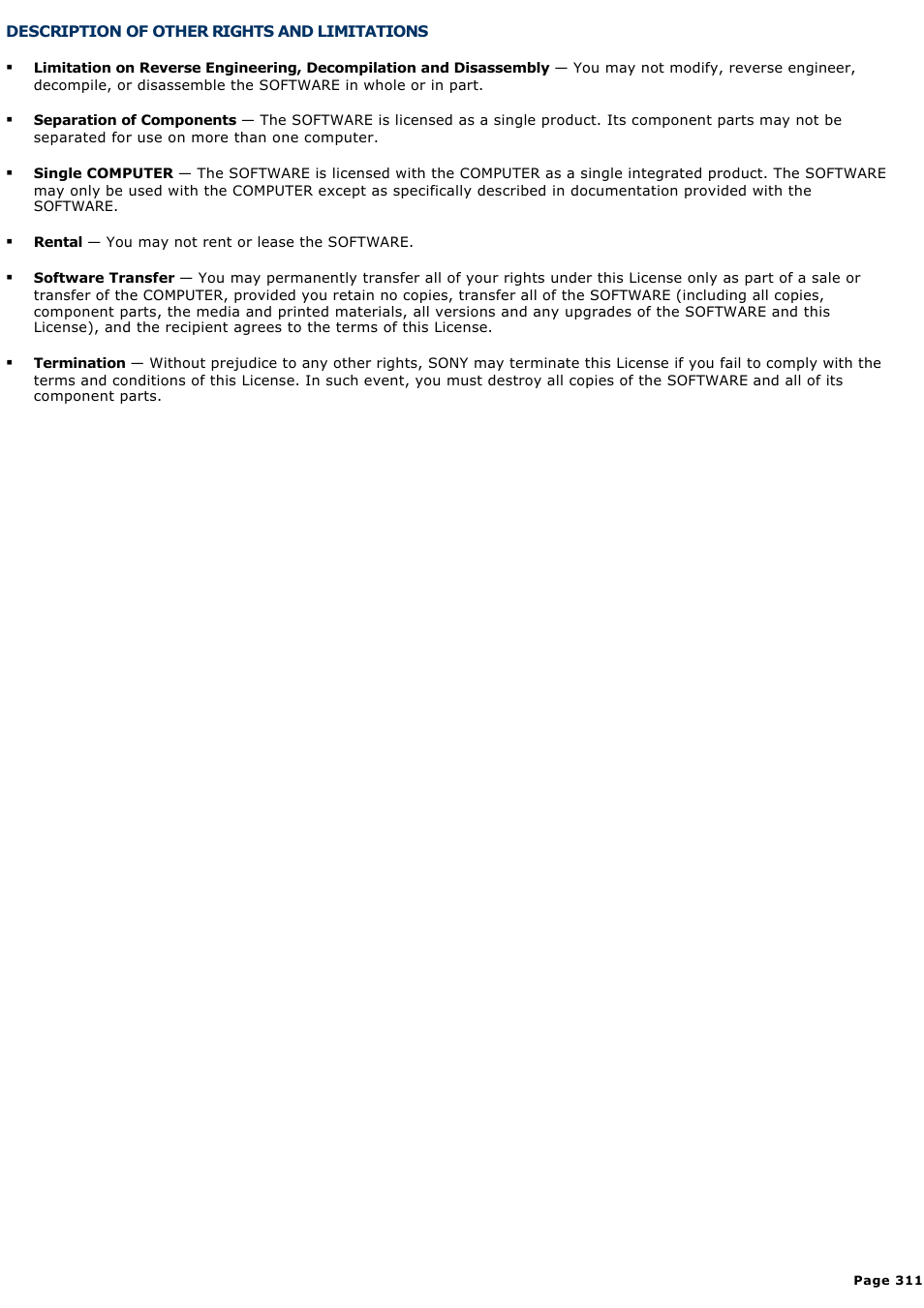 Description of other rights and limitations | Sony VGN-A240 User Manual | Page 311 / 316