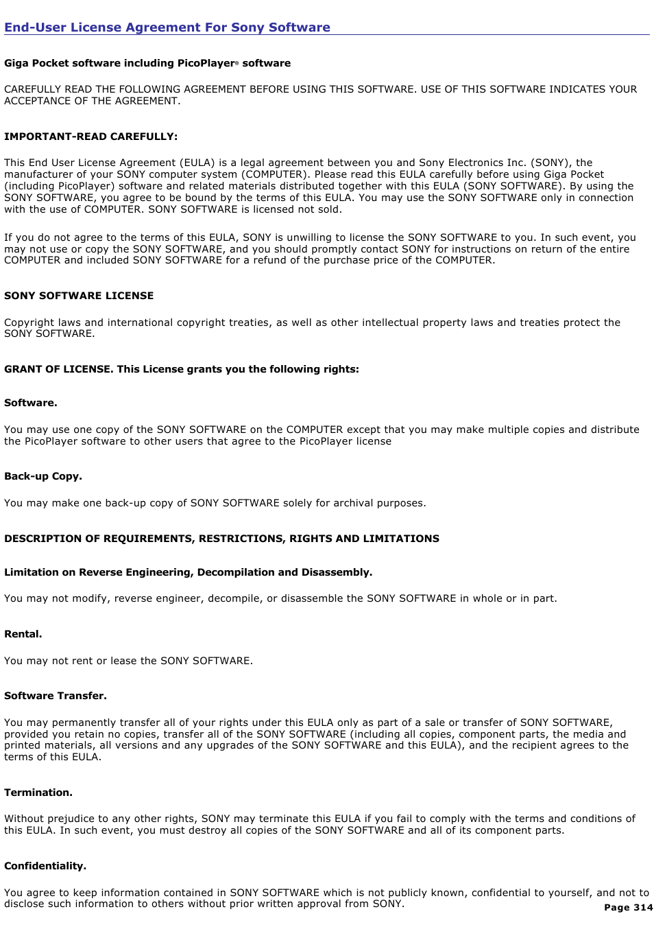 End-user license agreement for sony software | Sony VGN-A240 User Manual | Page 314 / 316