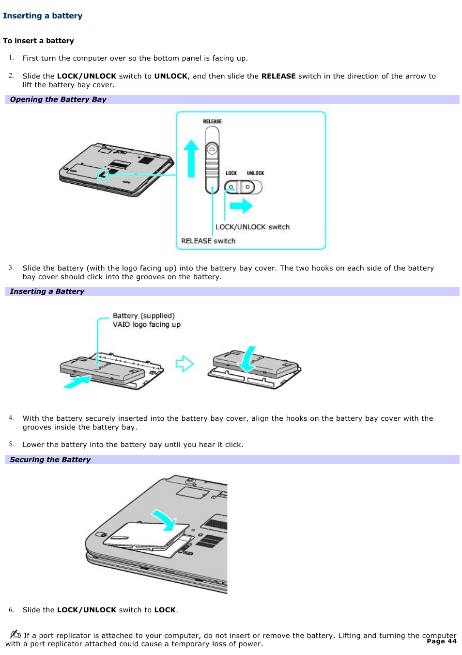 Inserting a battery | Sony VGN-A240 User Manual | Page 44 / 316