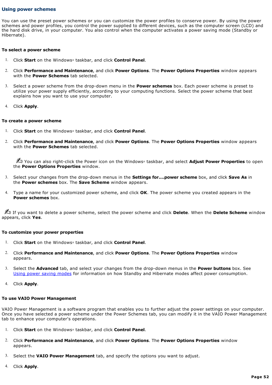 Using power schemes | Sony VGN-A240 User Manual | Page 52 / 316