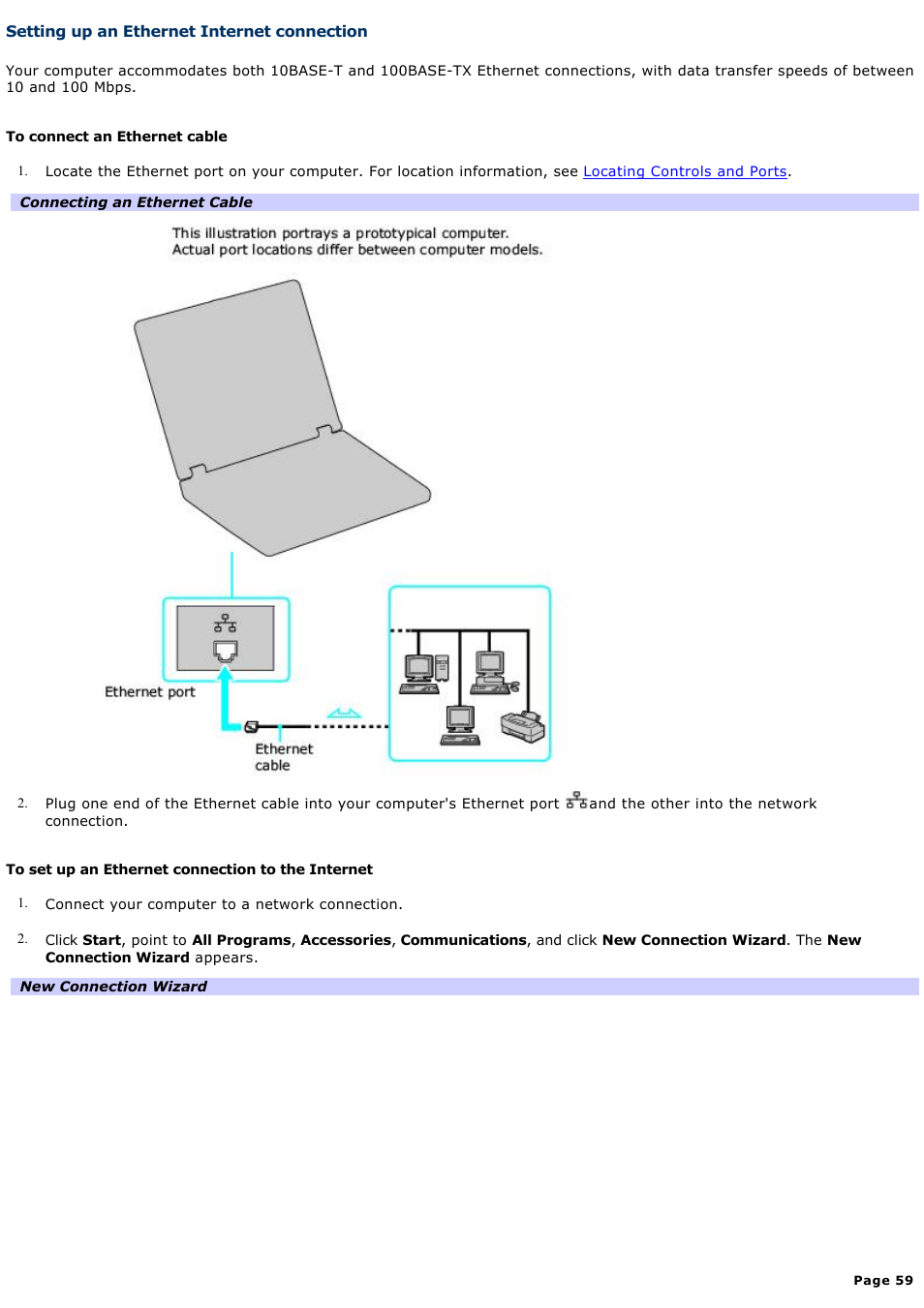 Setting up an ethernet internet connection | Sony VGN-A240 User Manual | Page 59 / 316