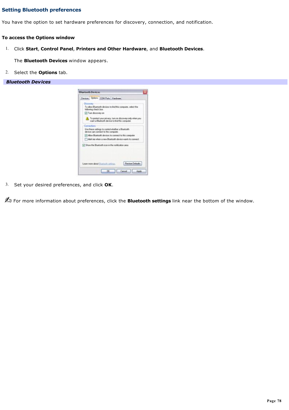 Setting bluetooth preferences | Sony VGN-A240 User Manual | Page 78 / 316