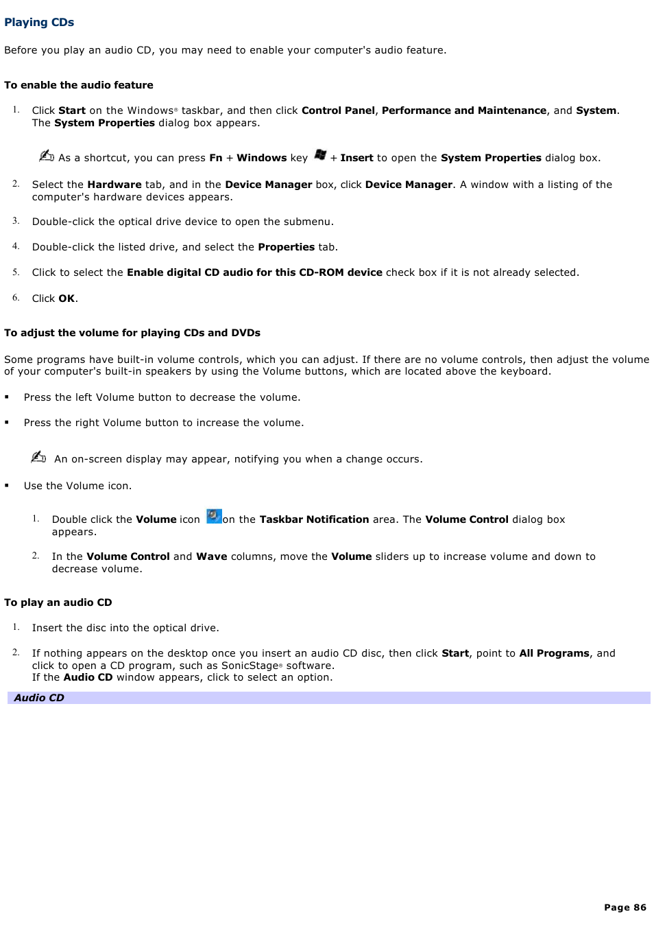 Playing cds | Sony VGN-A240 User Manual | Page 86 / 316