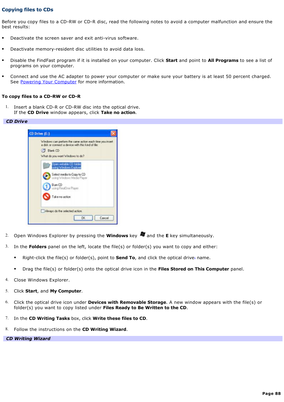 Copying files to cds | Sony VGN-A240 User Manual | Page 88 / 316