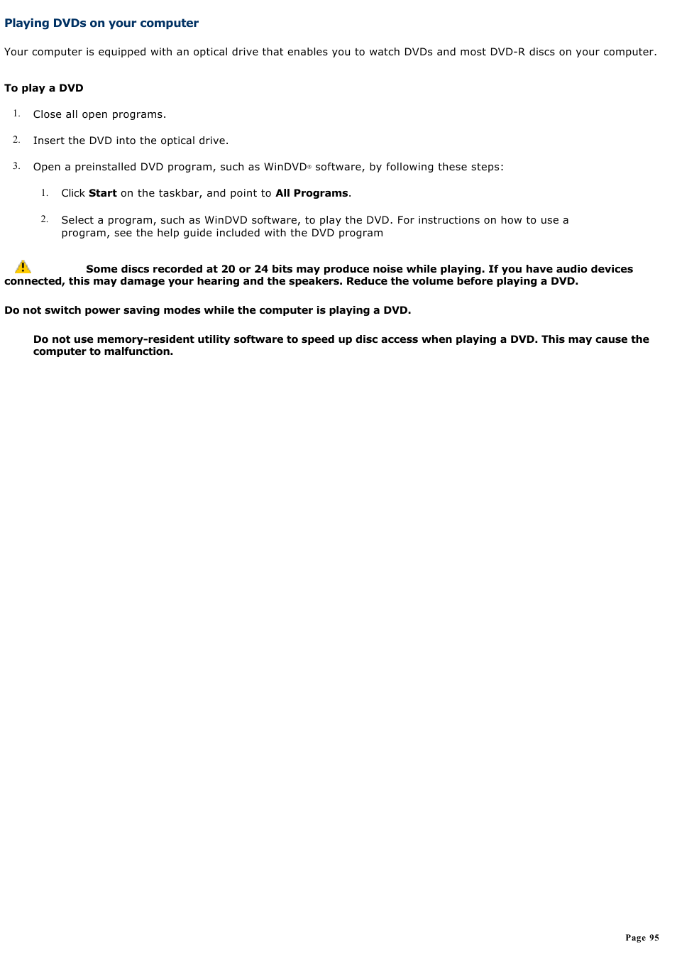 Playing dvds on your computer | Sony VGN-A240 User Manual | Page 95 / 316