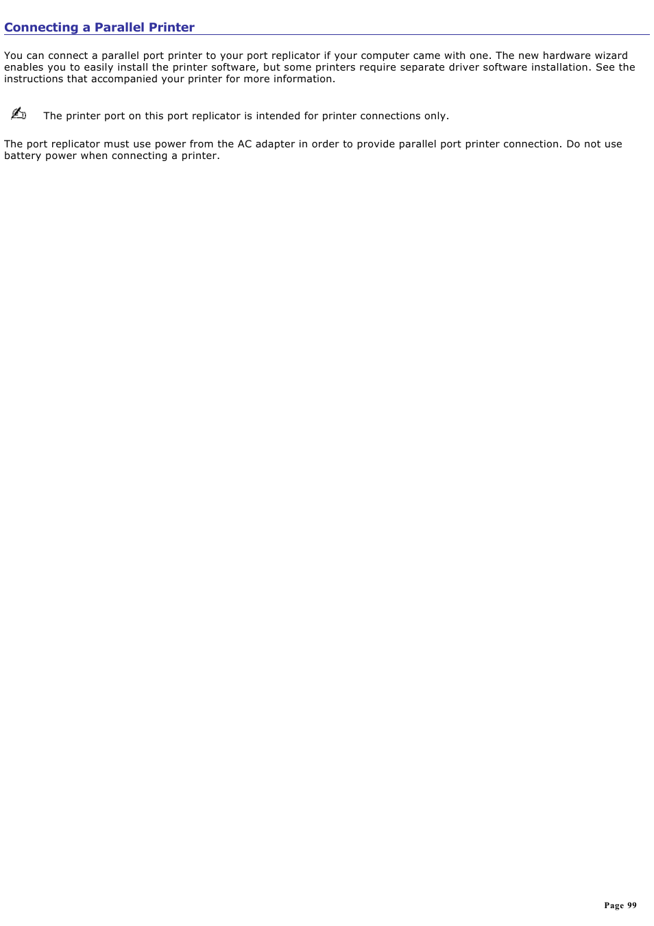 Connecting a parallel printer | Sony VGN-A240 User Manual | Page 99 / 316