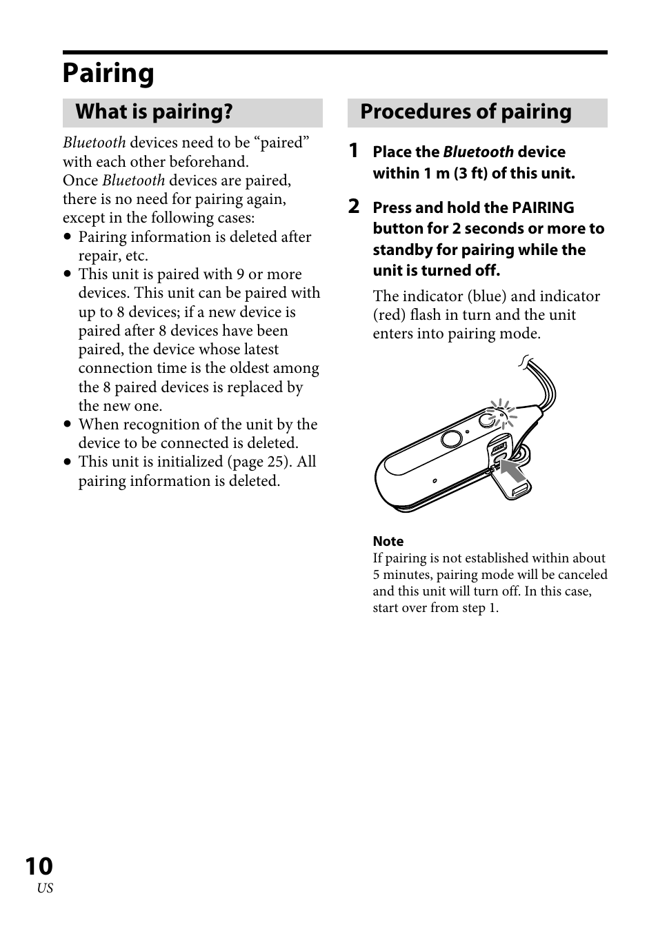 Pairing, What is pairing, Procedures of pairing | Procedures of pairing 1 | Sony DR-BT100CX User Manual | Page 10 / 56