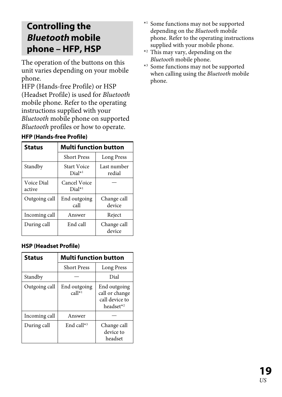 Controlling the bluetooth mobile phone – hfp, hsp, Controlling the, Bluetooth mobile | Phone – hfp, hsp | Sony DR-BT100CX User Manual | Page 19 / 56