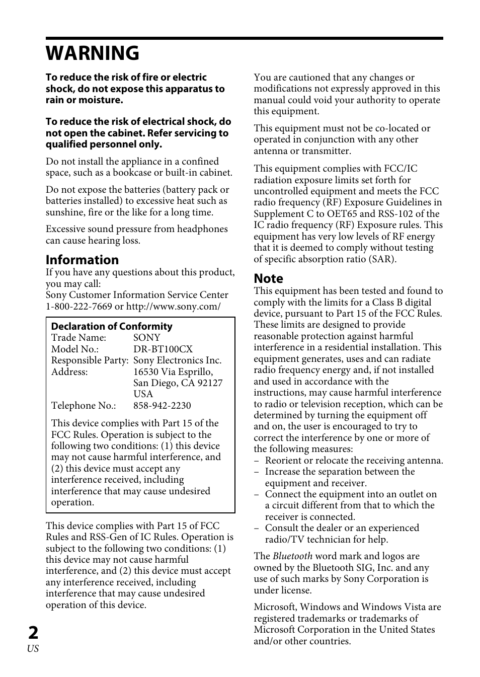 Warning, Information | Sony DR-BT100CX User Manual | Page 2 / 56