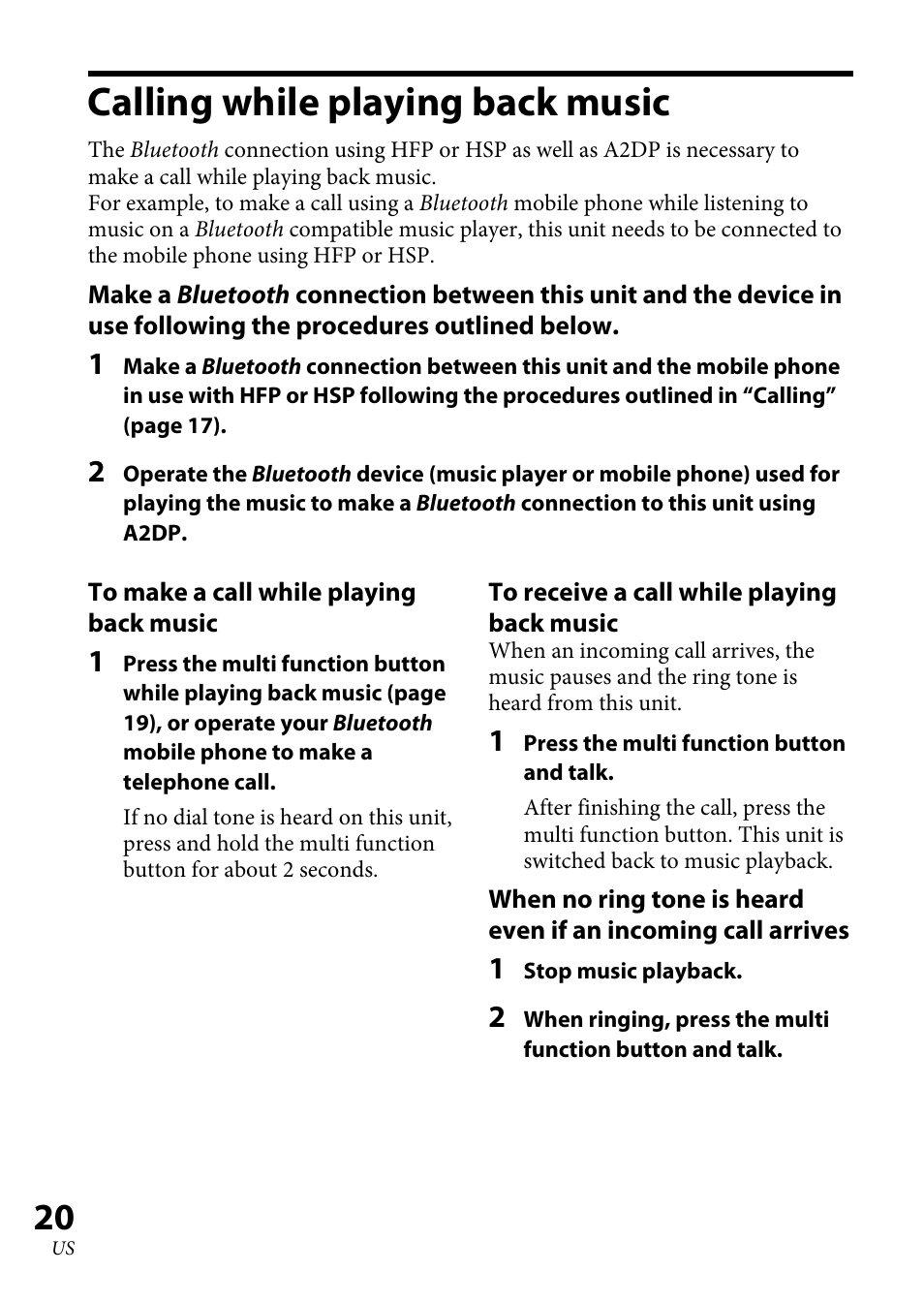 Calling while playing back music, Calling while playing back, Music ................................. 0 | Sony DR-BT100CX User Manual | Page 20 / 56
