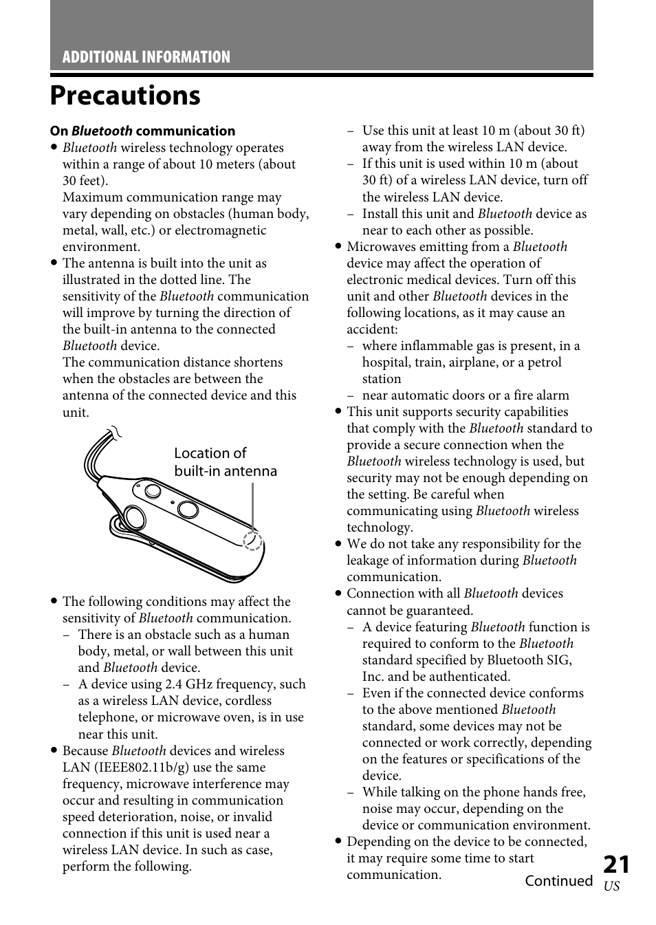 Precautions, Precautions ........................... 1, Additional information | Sony DR-BT100CX User Manual | Page 21 / 56