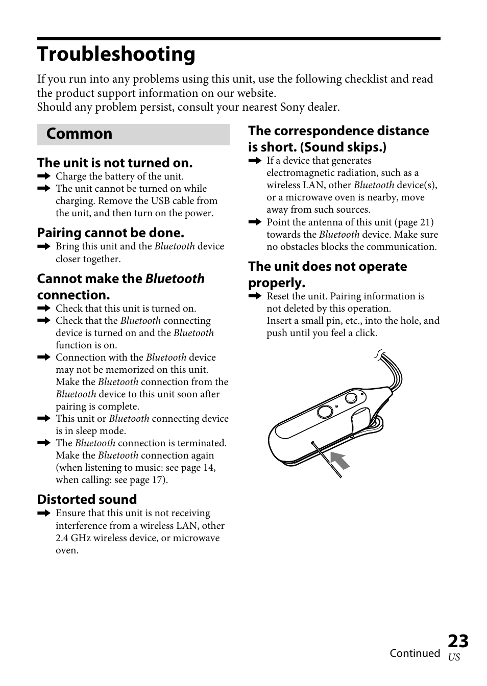 Troubleshooting, Common, The unit is not turned on | Pairing cannot be done, Cannot make the bluetooth connection, Distorted sound, The unit does not operate properly | Sony DR-BT100CX User Manual | Page 23 / 56