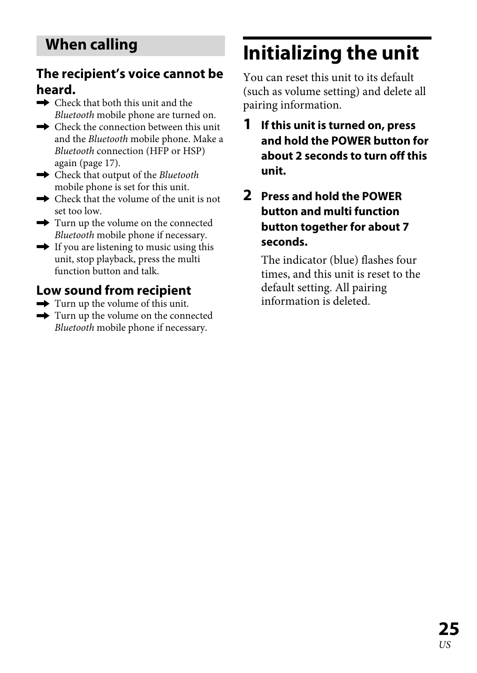 When calling, Initializing the unit, Initializing the unit ............... 5 | Sony DR-BT100CX User Manual | Page 25 / 56