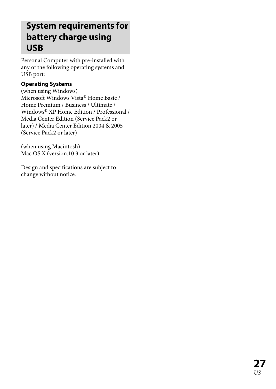 System requirements for battery charge using usb, System requirements for battery, Charge using usb | Sony DR-BT100CX User Manual | Page 27 / 56