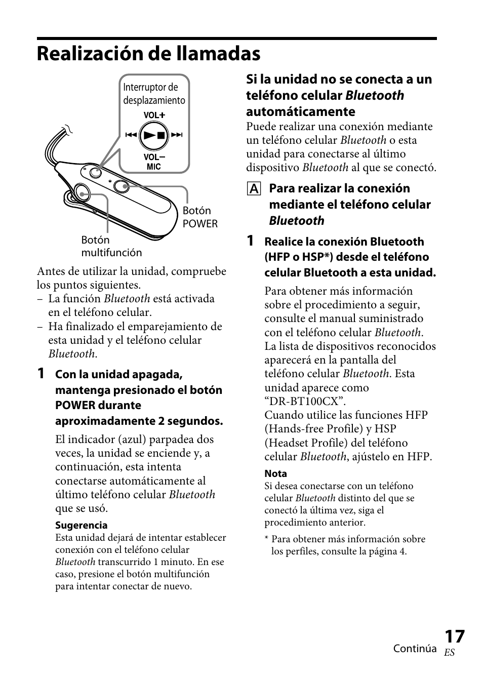Realización de llamadas | Sony DR-BT100CX User Manual | Page 43 / 56