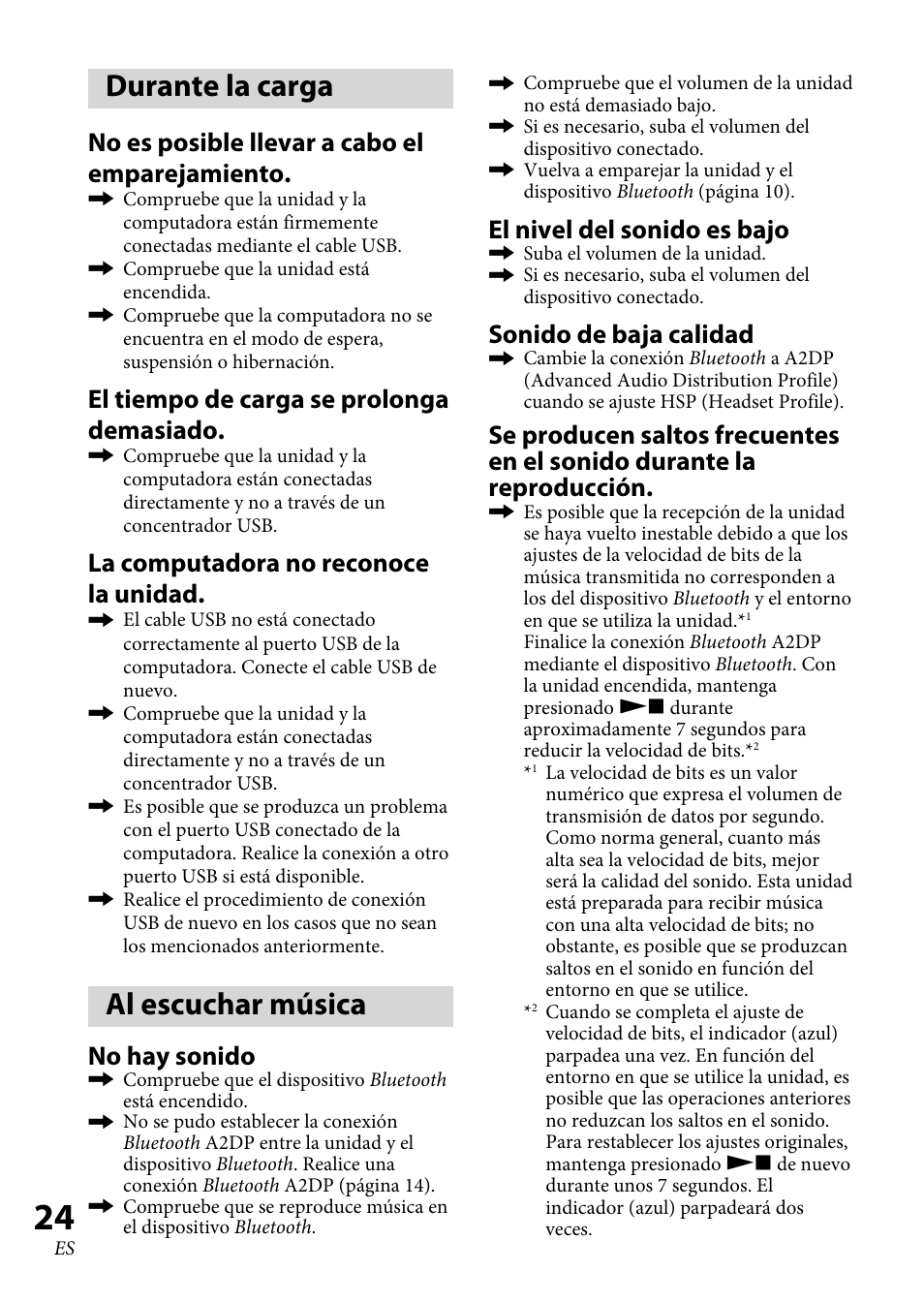 Durante la carga, Al escuchar música, No es posible llevar a cabo el emparejamiento | El tiempo de carga se prolonga demasiado, La computadora no reconoce la unidad, No hay sonido, El nivel del sonido es bajo, Sonido de baja calidad | Sony DR-BT100CX User Manual | Page 50 / 56
