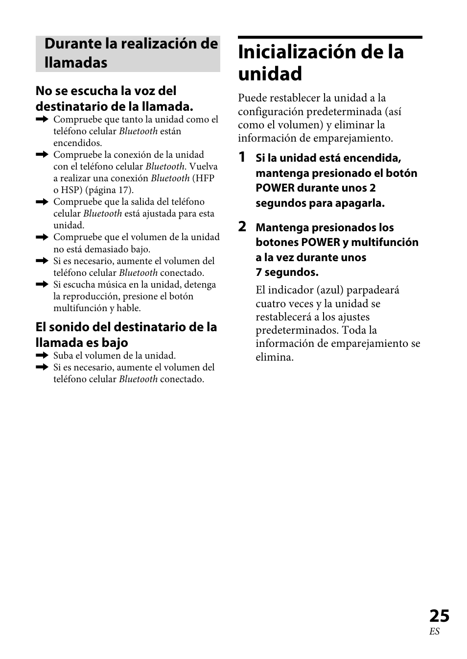 Durante la realización de llamadas, Inicialización de la unidad, Durante la realización de | Llamadas, Inicialización de la, Unidad ............................... 5 | Sony DR-BT100CX User Manual | Page 51 / 56