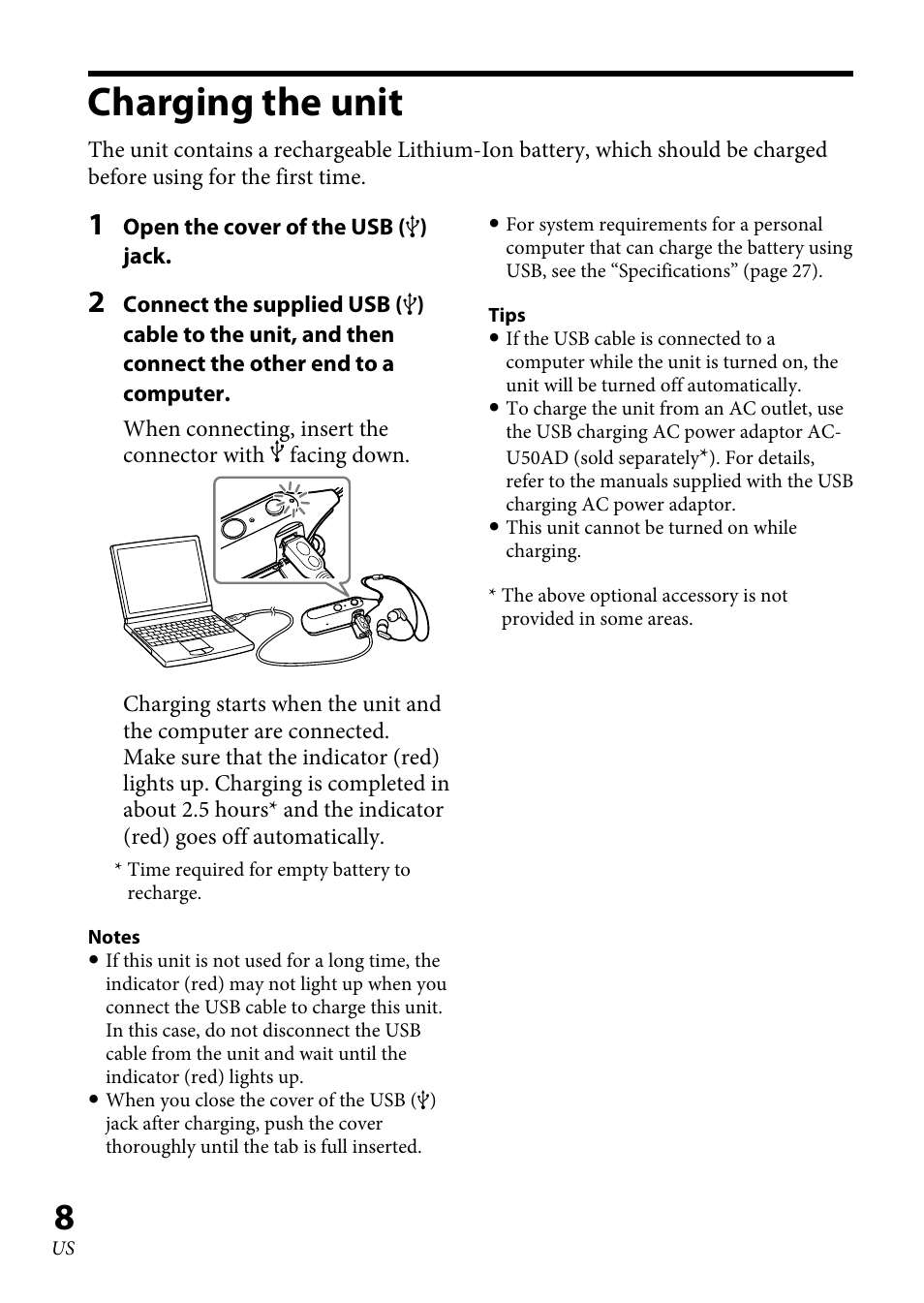 Charging the unit | Sony DR-BT100CX User Manual | Page 8 / 56