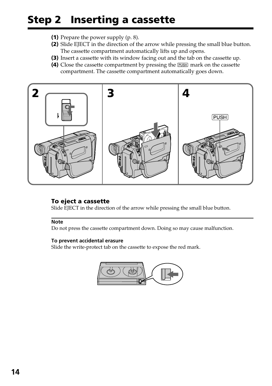 Step 2 inserting a cassette | Sony CCD-TR517WR User Manual | Page 14 / 68