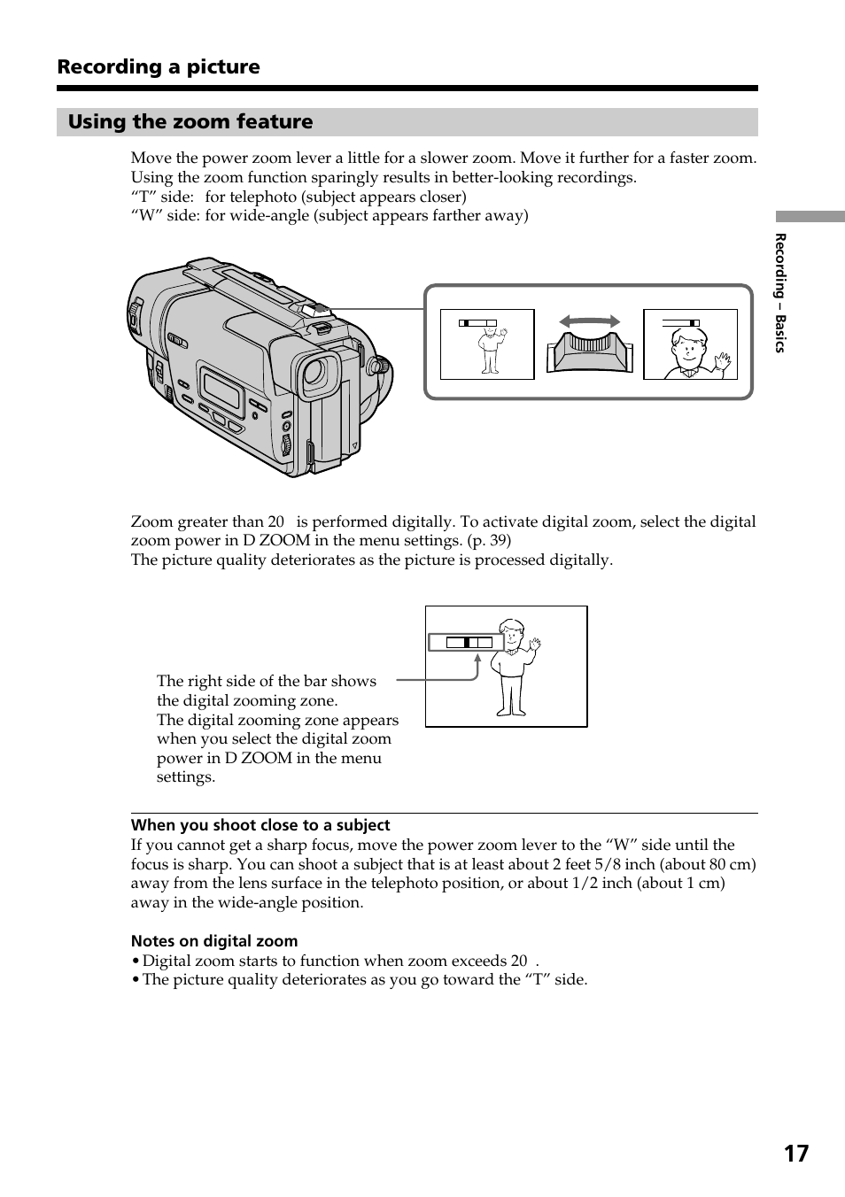Using the zoom feature, Recording a picture | Sony CCD-TR517WR User Manual | Page 17 / 68