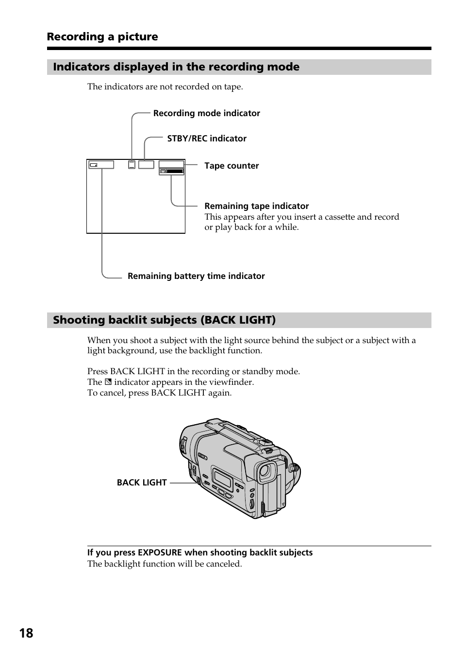 Shooting backlit subjects (back light), Shooting backlit subjects, Back light) | Indicators displayed in the recording mode, Recording a picture | Sony CCD-TR517WR User Manual | Page 18 / 68
