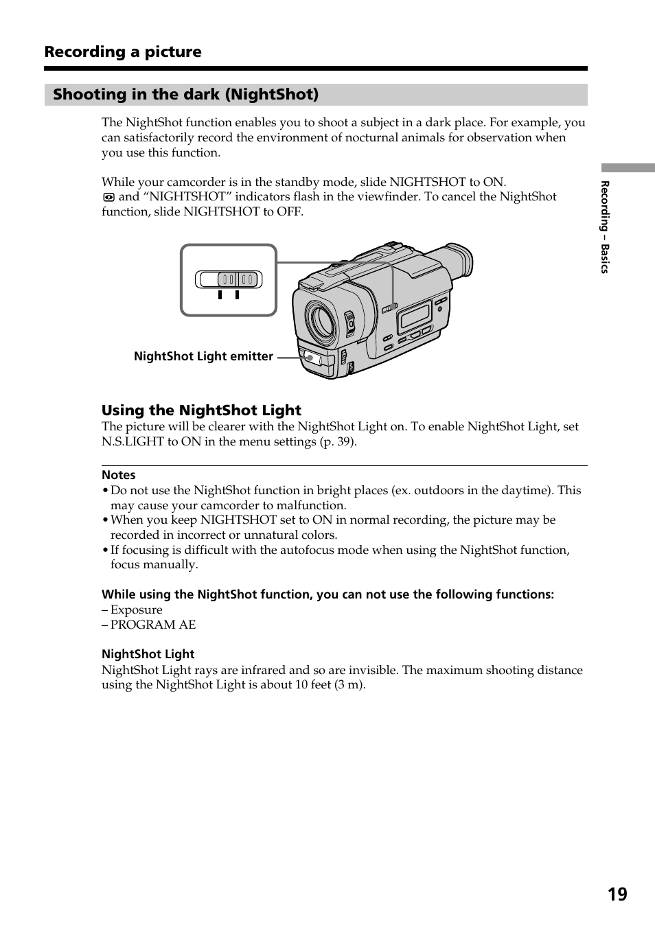 Shooting in the dark (nightshot), Shooting in the dark, Nightshot) | Recording a picture | Sony CCD-TR517WR User Manual | Page 19 / 68