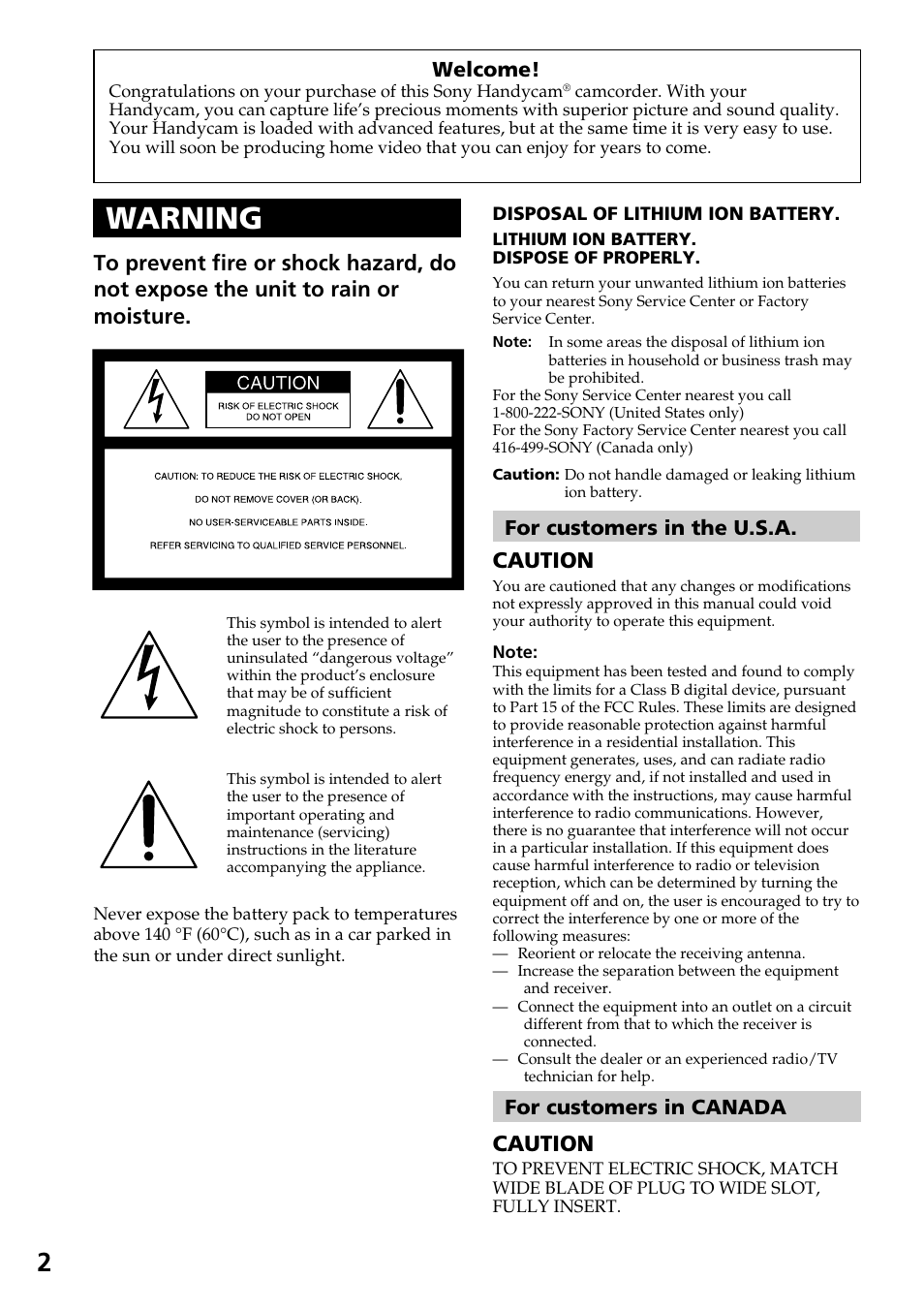 Warning, Caution | Sony CCD-TR517WR User Manual | Page 2 / 68