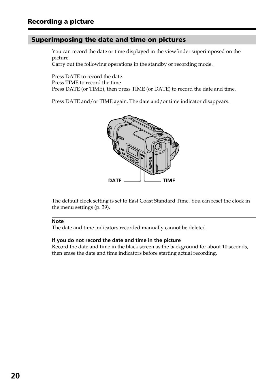 Superimposing the date and time on pictures, Superimposing the date and time, On pictures | Sony CCD-TR517WR User Manual | Page 20 / 68