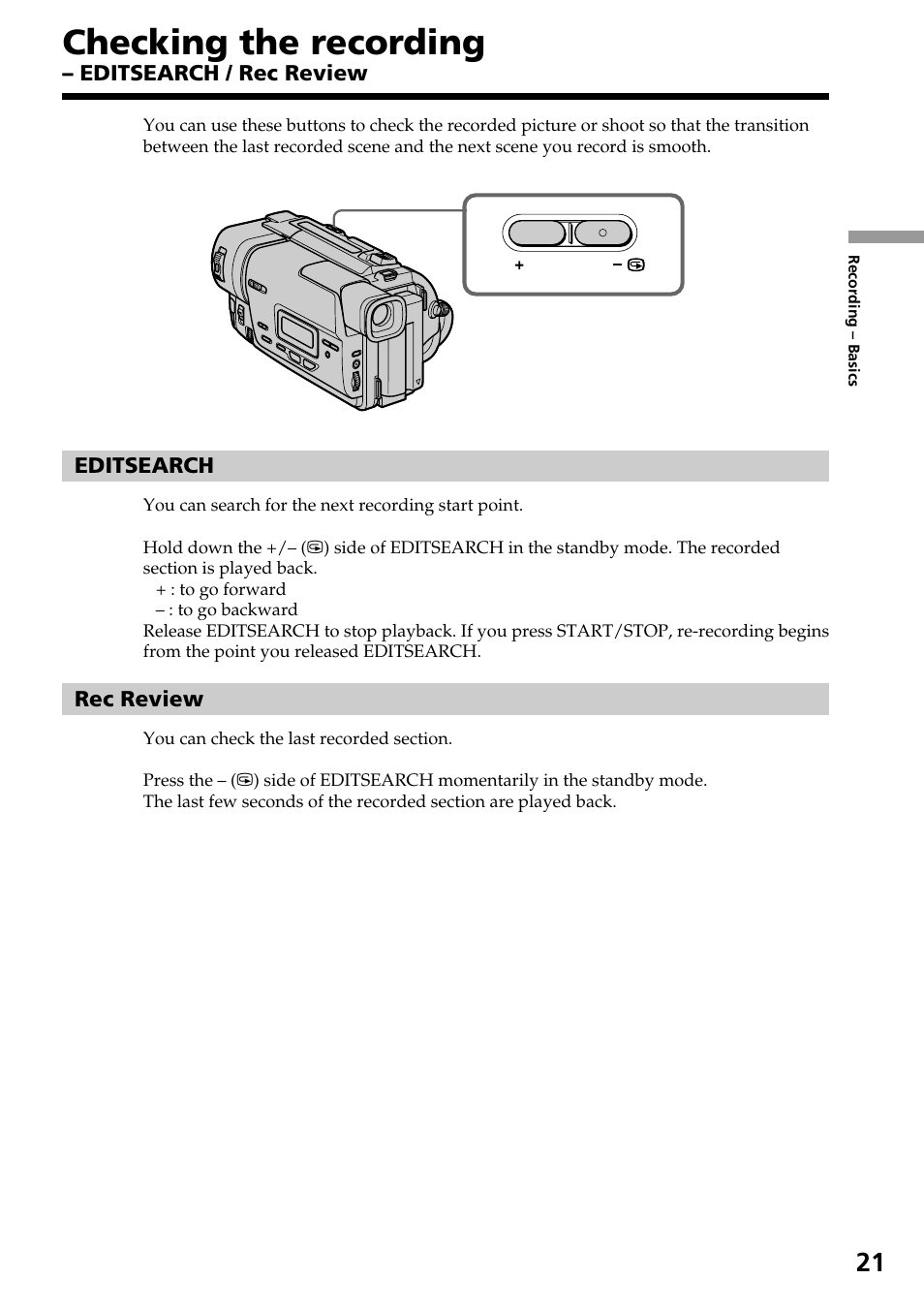 Checking the recording, Editsearch / rec review | Sony CCD-TR517WR User Manual | Page 21 / 68