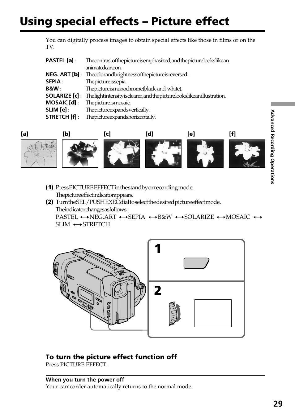 Using special effects – picture effect, Using special effects, Picture effect | Sony CCD-TR517WR User Manual | Page 29 / 68