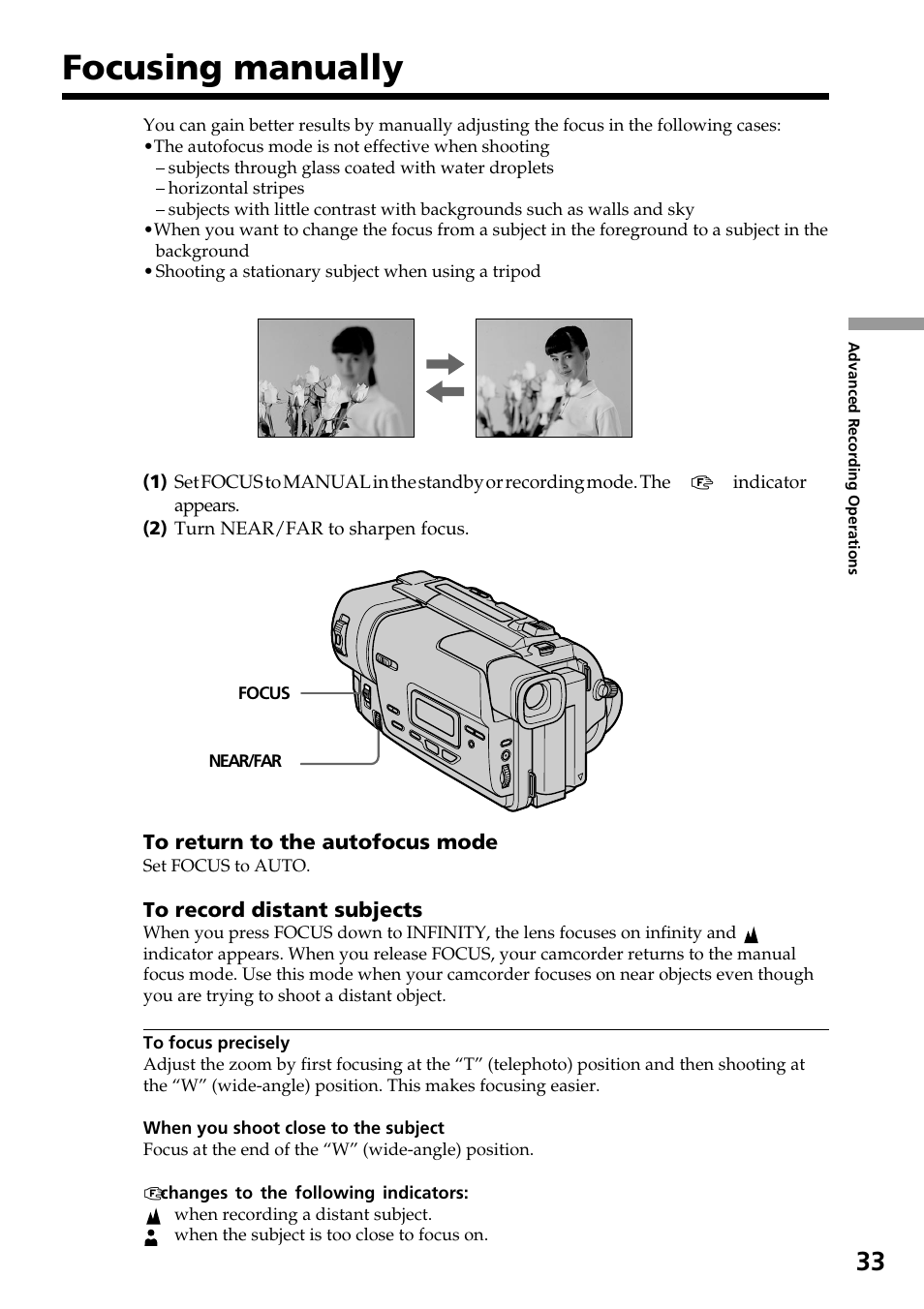 Focusing manually | Sony CCD-TR517WR User Manual | Page 33 / 68