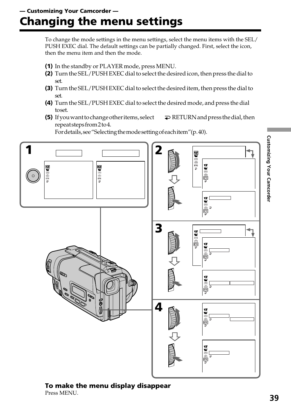 Customizing your camcorder, Changing the menu settings | Sony CCD-TR517WR User Manual | Page 39 / 68