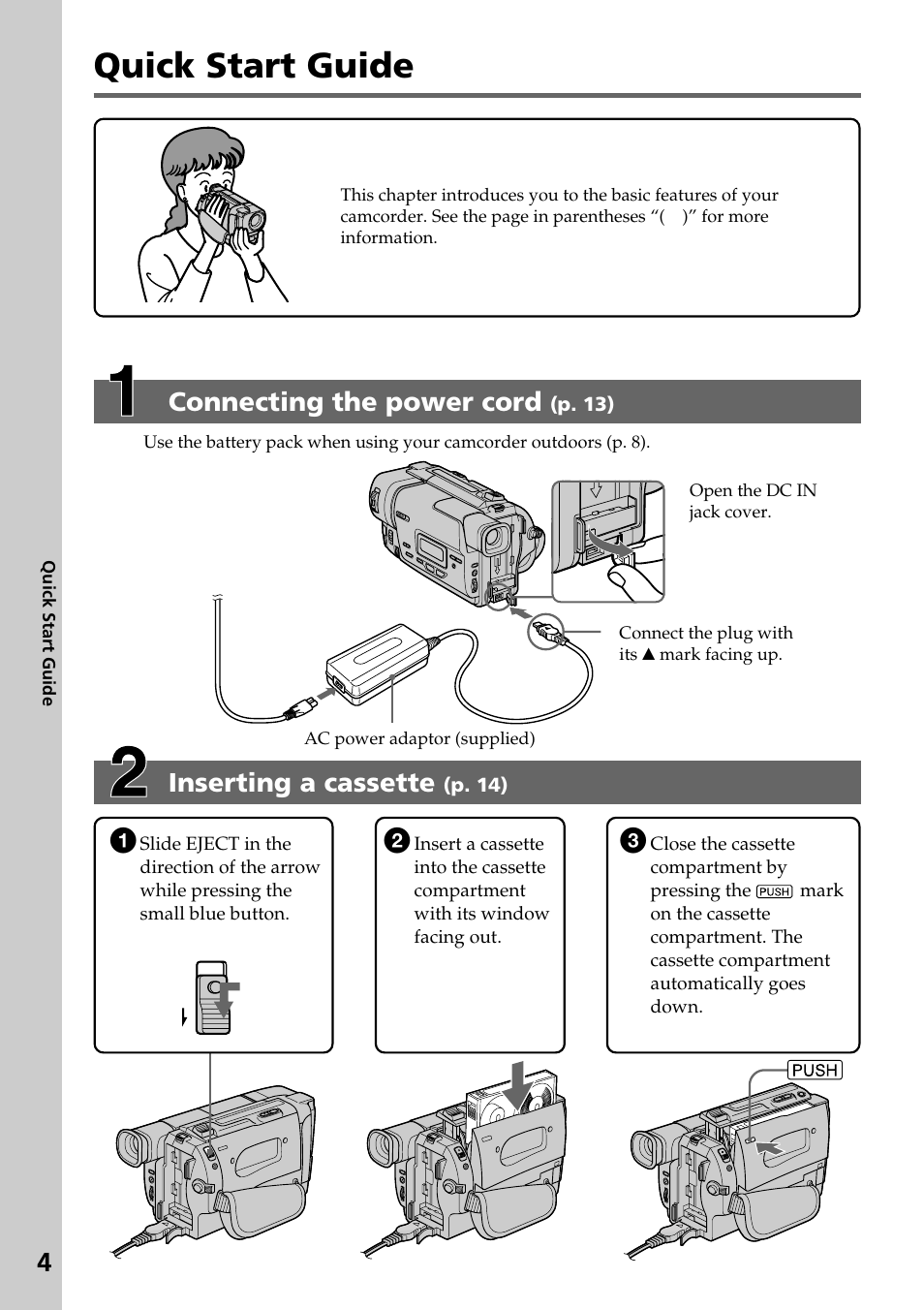 Quick start guide, Inserting a cassette, Connecting the power cord | Sony CCD-TR517WR User Manual | Page 4 / 68