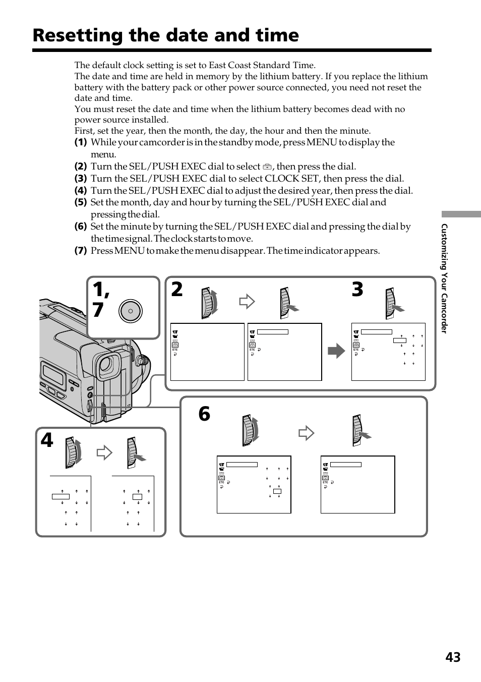 Resetting the date and time | Sony CCD-TR517WR User Manual | Page 43 / 68