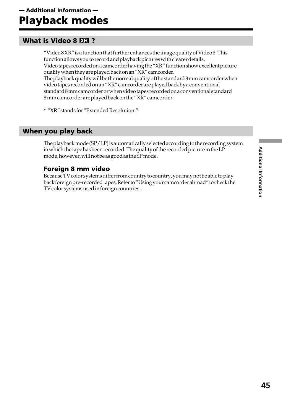 Additional information, Playback modes | Sony CCD-TR517WR User Manual | Page 45 / 68