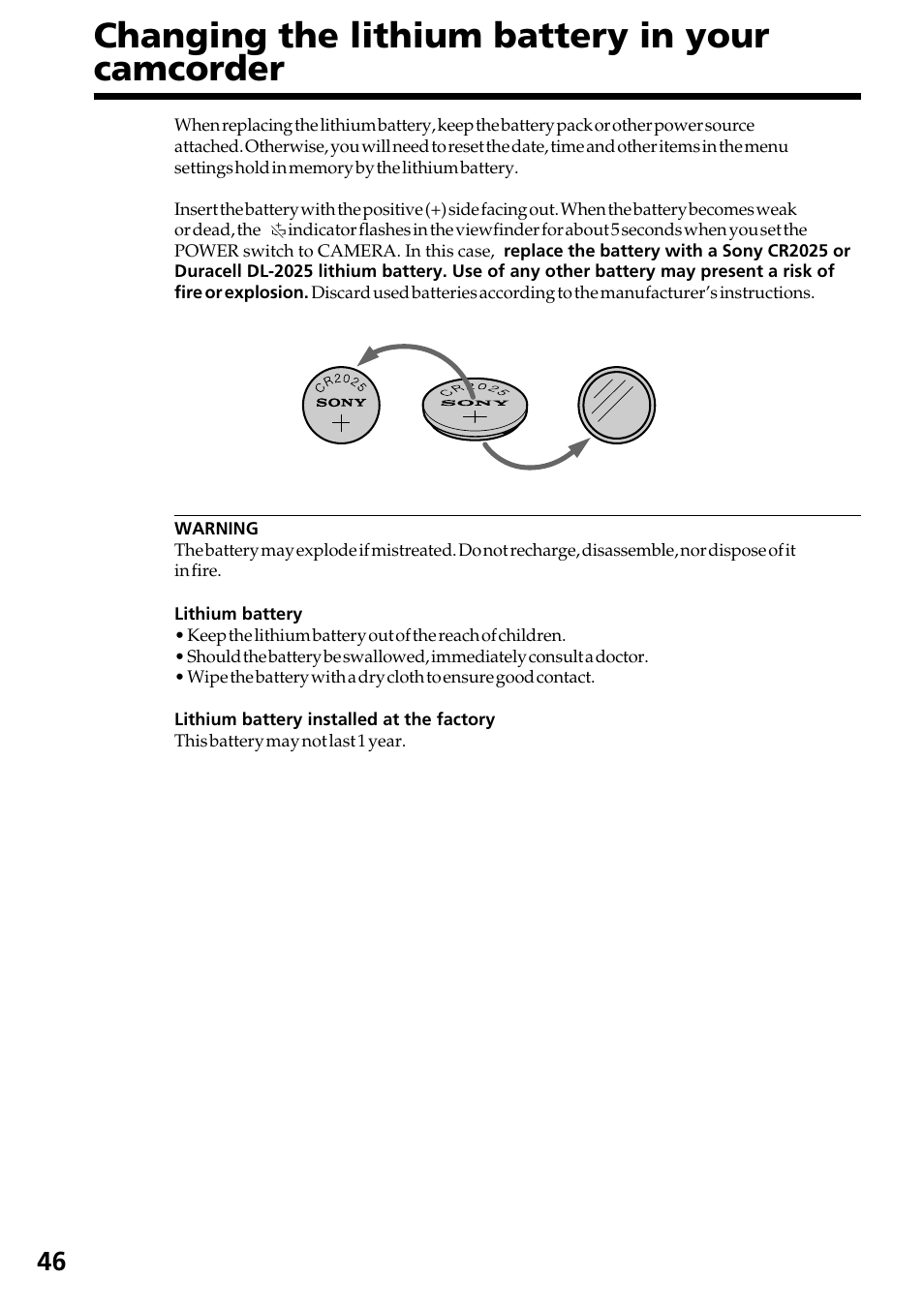 Changing the lithium battery in your camcorder, Changing the lithium battery in your, Camcorder | Sony CCD-TR517WR User Manual | Page 46 / 68