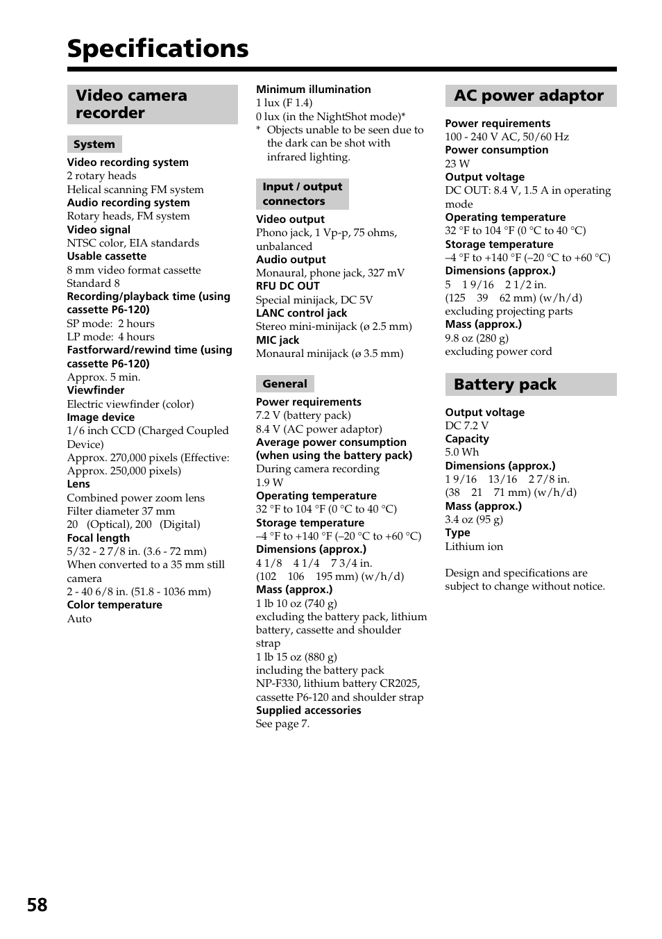 Specifications, Video camera recorder, Ac power adaptor | Battery pack | Sony CCD-TR517WR User Manual | Page 58 / 68